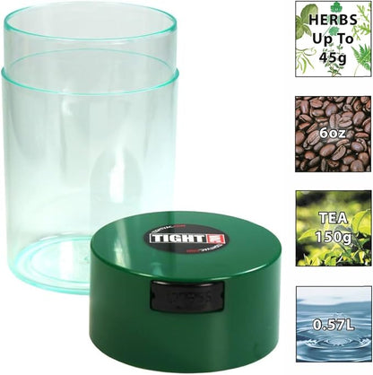 Tightvac 1 oz to 6 ounce - Patented Airtight Container | Multi-use Vacuum Container Works as Smell Proof Containers for Herbs and Dry Goods. Dark Green Cap & Clear Body