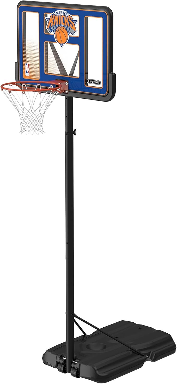 Lifetime NBA New York Knicks Portable Basketball Hoop, Adjustable Height 7.5-10 Ft, 44 Inch Shatterproof Fusion Backboard, Base with Wheels