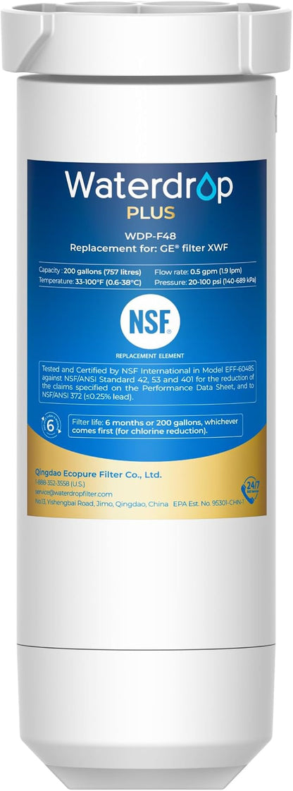 Waterdrop Plus XWF Water Filter Replacement for GE® XWF, No chip | Replacement for GE® WR17X30702 Refrigerator Water Filter, NSF/ANSI 401 & 53 & 42 & 372 Certified, Reduces RFAS
