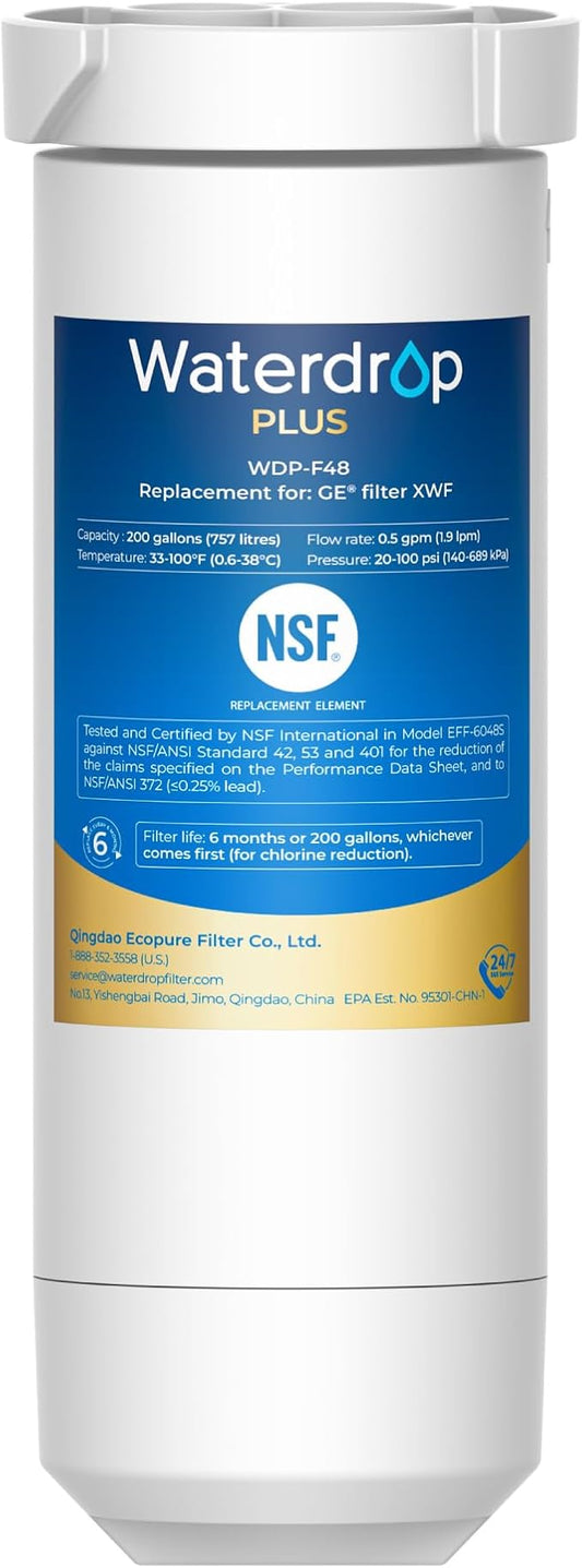 Waterdrop Plus XWF Water Filter Replacement for GE® XWF, No chip | Replacement for GE® WR17X30702 Refrigerator Water Filter, NSF/ANSI 401 & 53 & 42 & 372 Certified, Reduces RFAS