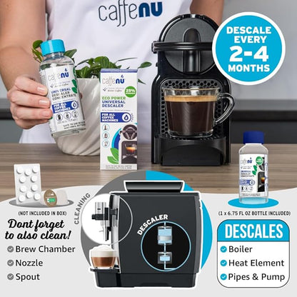 Universal Coffee Machine Descaling Solution. Coffee Machine Descaler Liquid 2 Uses. Descaler Kit. Part of your Barista Accessories Set. Compatible with Nespresso, Phillips, Lavazza, Verismo and More!