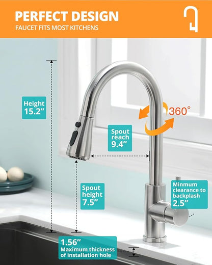 Kicimpro Kitchen Faucets with Pull Down Sprayer, NSF Certified Lead-Free 304 Stainless Steel Sink Faucet 1 Hole, Faucet for Kitchen Sink, Rv, Bar, Camper, Laundry, Easy Installation,Brushed Nickel
