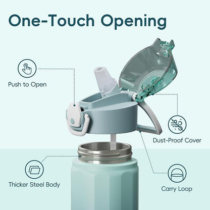 Konokyo FLOWPLAY 25oz Locking Push-Button Water Bottle with Silicone Spout,Leak-Proof,18/8 Stainless Steel Double-Wall Vacuum Insulated for Sports and Travel,BPA-Free,Ocean Dream