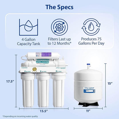 APEC Water Systems ROES-PH75 Essence Series Top Tier Alkaline Mineral pH+ 75 GPD 6-Stage Certified Ultra Safe Reverse Osmosis Drinking Water Filter System