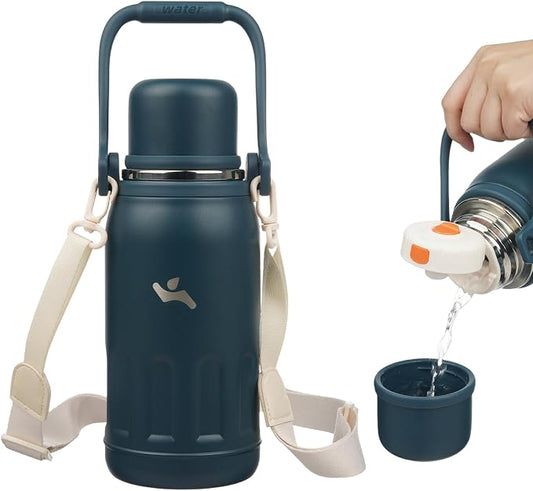 Konokyo Insulated Water Bottle with Handle and Strap,Vacuum Travel Tumbler with Cup Lid,Thermo Coffee Cup for Hot Cold Drinks 27 OZ,Navy Blue