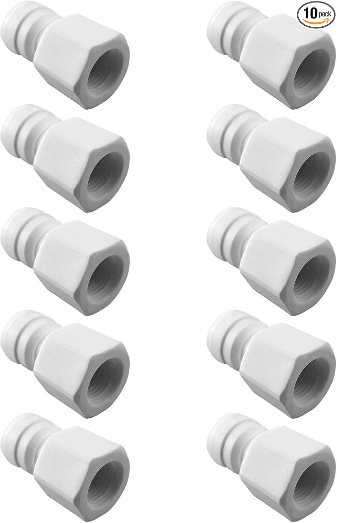 Plastic Reusable 3/8 Water Line RO Fittings 1/2 Female Threaded Tube Adapter x 3/8 Quick Connect Fitting for Water Filters and RO Systems (10, 3/8"OD*1/2"Female Thread)