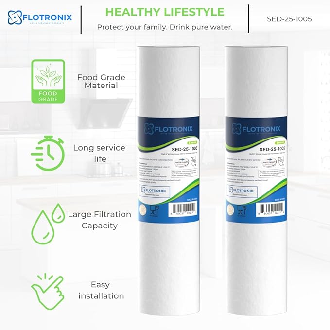 Flotronix 5 Micron 2.5" x 10" Sediment Whole House Water Filter Compatible to GE FXUSC Water System (2 Pack)