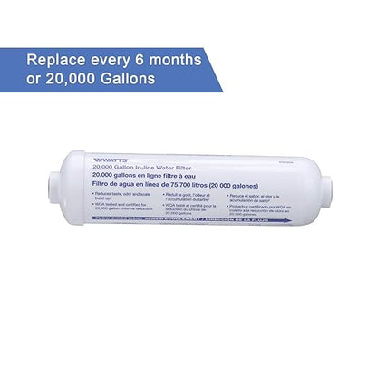 Watts Premier 20,000 Gallon Inline Water Filter with Two 1/4" Brass Connectors for Refrigerator, Ice Maker, RV, Camper, Water Cooler, Fountain, Reduces Bad Taste, Odors, Chlorine and Sediment