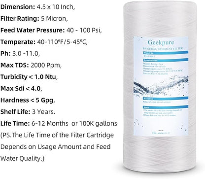 Geekpure Whole House String Wound PP Sediment Replacement Filter Cartridge -4.5" X 10"-5 Micron-Pack of 4