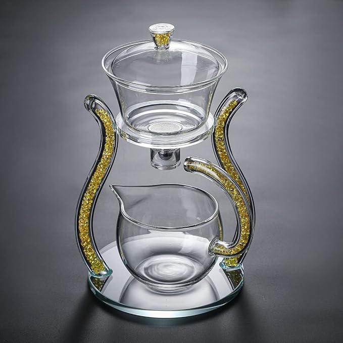 RORA Glass Teapot Set Semi Automatic Drip Rotating with Infuser Lazy Kungfu Tea pot Set (Yellow)