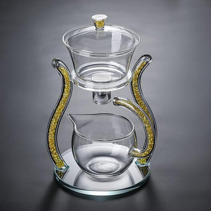 RORA Glass Teapot Set Semi Automatic Drip Rotating with Infuser Lazy Kungfu Tea pot Set (Yellow)