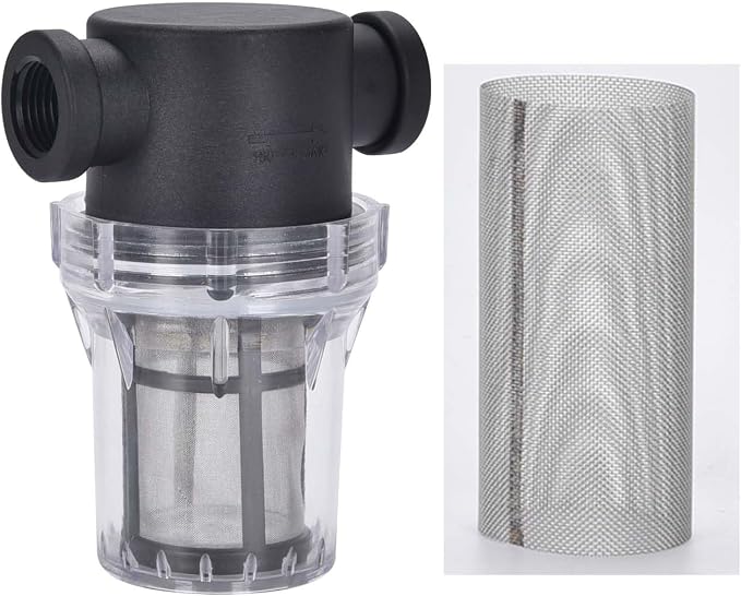 Water Filter, 1/2'' Female Twist-On Pipe Strainer | Nylon PA66 Cover, PC Bowl, 304 Stainless Screen, 40 and 80 Mesh