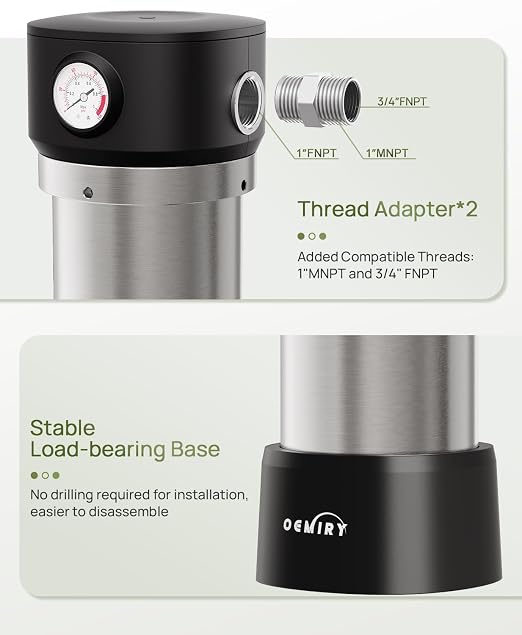 Whole House Water Filter, Stainless Steel Housing Home Pre-Filtration with Pressure Gauge for Well or City Water, 1" or 3/4" NPT Port, 1 Filter