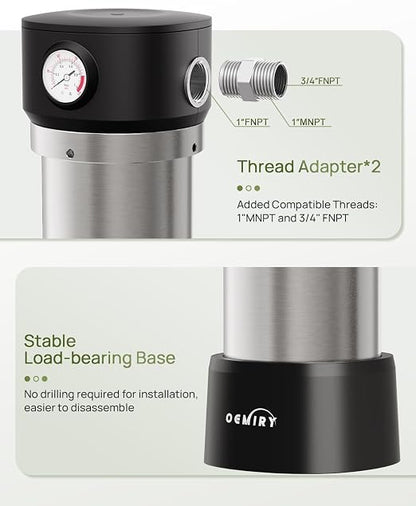 Whole House Water Filter, Stainless Steel Housing Home Pre-Filtration with Pressure Gauge for Well or City Water, 1" or 3/4" NPT Port, 1 Filter