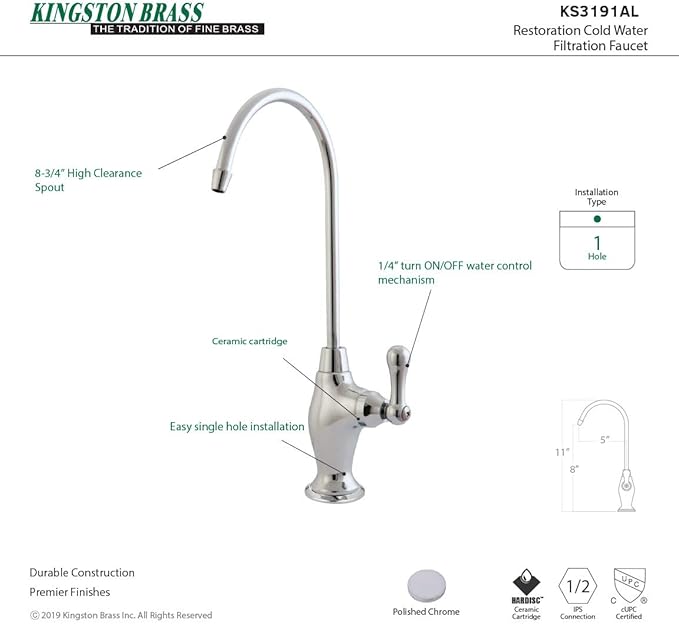 Kingston Brass Gourmetier KS3191AL Restoration Single Handle Water Filtration Faucet, Polished Chrome, 10.81 x 4.63 x 1.75