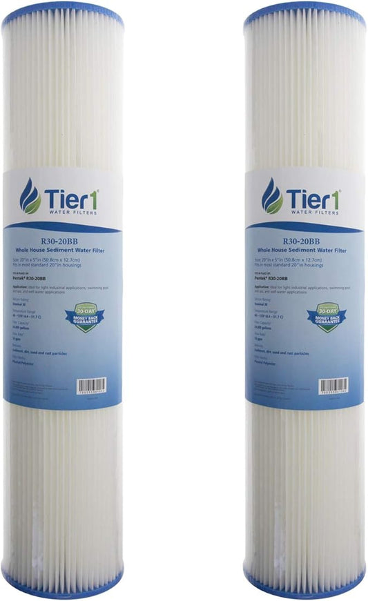 Tier1 30 Micron 20x4.5 Water Filter | Whole House Sediment Water Filter | Pleated Polyester Cartridge | Replacement for Pentek R30-20BB, 155430-43, SPC-45-2030 | High-Flow 4.5 x 20 Water Filter (2pk)