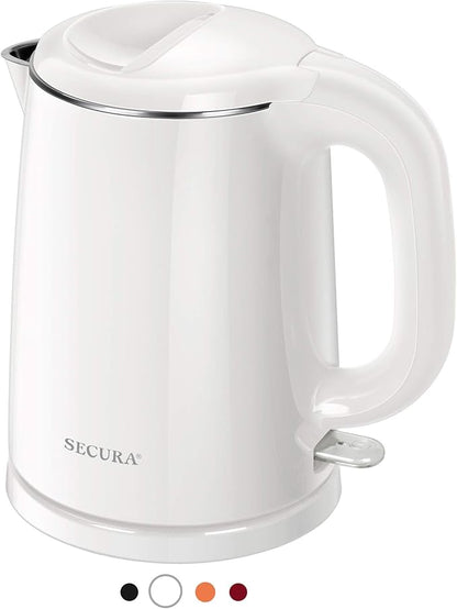 Secura Stainless Steel Double Wall Electric Kettle Water Heater for Tea Coffee w/Auto Shut-Off and Boil-Dry Protection, 1.0L (White) SWK-1001DW/HB-K012