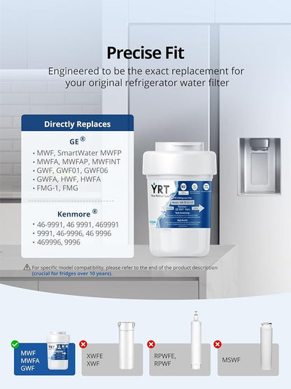 YRT MWF Filter Replacement for GE Fridge, NSF/ANSI 372 & 53 & 42 Certified | Compatible With SmartWater MWFP, MWFA, GWF, HDX FMG-1, WFC1201, RWF1060, GSE25GSHECSS, 197D6321P006, Kenmore 9991, 2 Pack