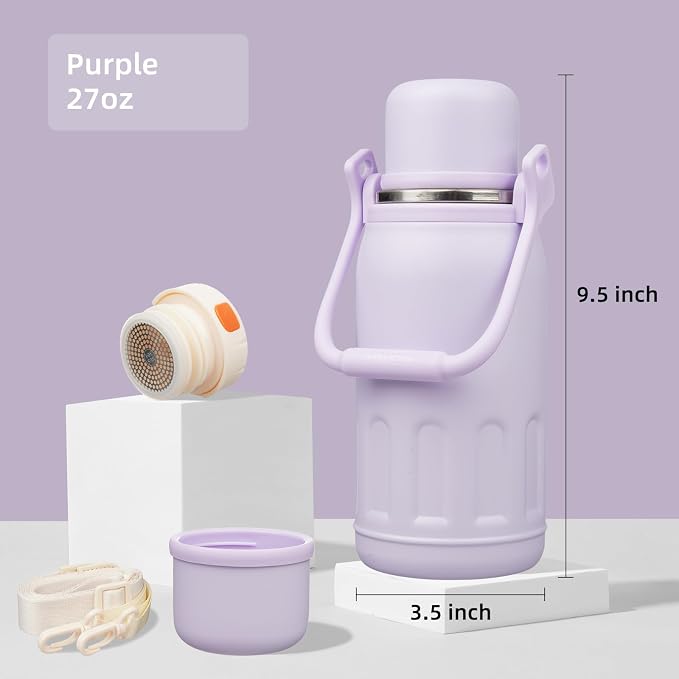 Konokyo Insulated Water Bottle with Handle and Strap,Vacuum Travel Tumbler with Cup Lid,Thermo Coffee Cup for Hot Cold Drinks 27 OZ,Purple