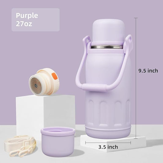 Konokyo Insulated Water Bottle with Handle and Strap,Vacuum Travel Tumbler with Cup Lid,Thermo Coffee Cup for Hot Cold Drinks 27 OZ,Purple