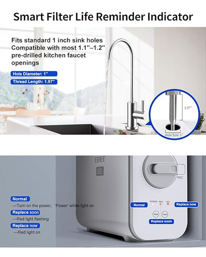 Eiree C6 Tankless Reverse Osmosis System, NSF/ANSI 42 & 372 Certified, 600GPD Under Sink RO Water Filter with 2:1 Pure to Drain Ratio, Reduces TDS & Odor for Clean Drinking Water