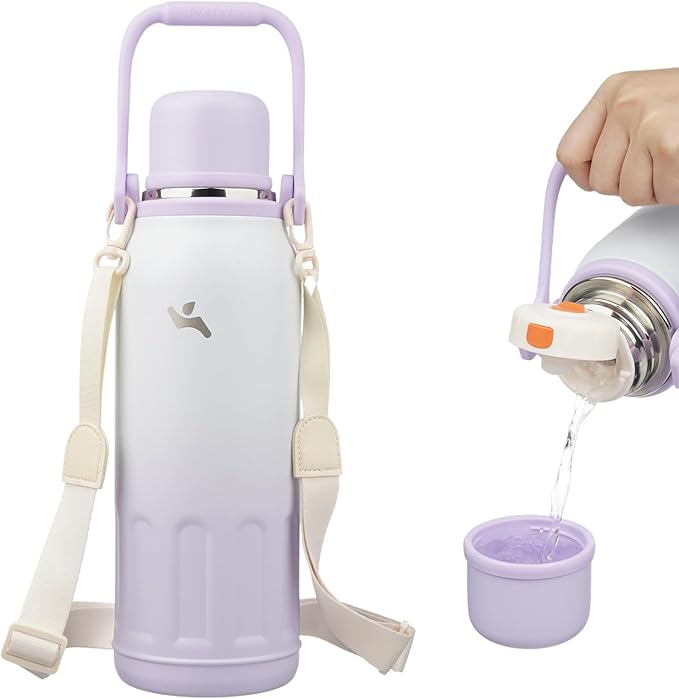 Konokyo Insulated Water Bottle with Handle and Strap,Vacuum Travel Tumbler with Cup Lid,Thermo Coffee Cup for Hot Cold Drinks 50 OZ,Purple Pearl