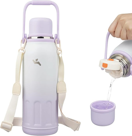 Konokyo Insulated Water Bottle with Handle and Strap,Vacuum Travel Tumbler with Cup Lid,Thermo Coffee Cup for Hot Cold Drinks 50 OZ,Purple Pearl