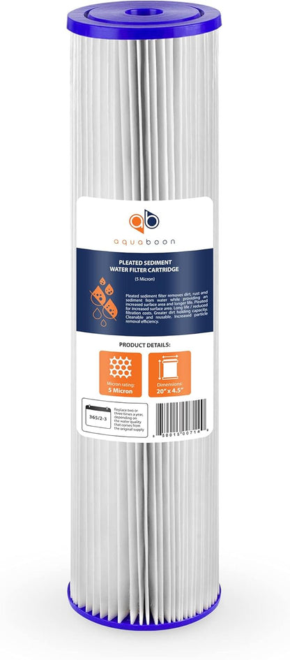 Aquaboon 5 Micron 20 x 4.5 Whole House Pleated Water Sediment Filter Replacement Water Filter Cartridge Compatible with ECP5-20BB, SPC-45-2005, 10-Pack