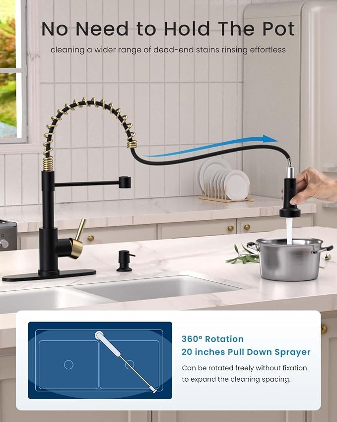 APPASO Black and Gold Spring Kitchen Faucet with Soap Dispenser | NSF/ANSI/CAN 372 & Lead-free, Commercial Single Handle High Arc Faucet for Farmhouse Camper Bar Sink Laundry Room