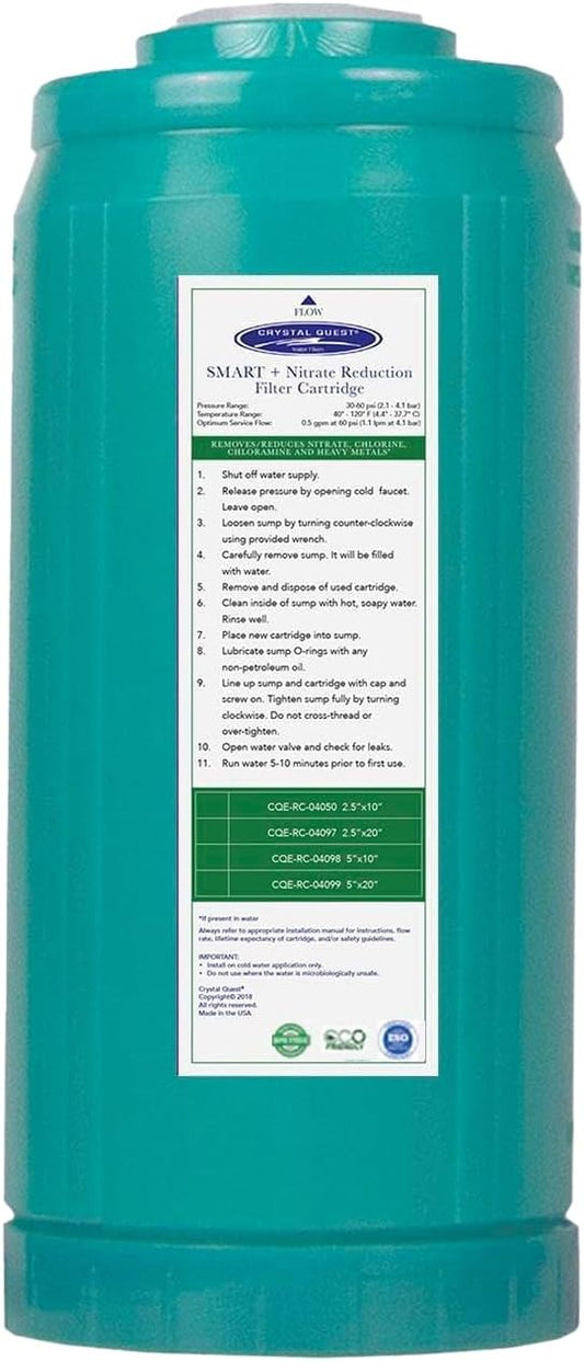 Crystal Quest Nitrate Removal + SMART Filter Cartridge 4-5/8" x 9-3/4" - Reduces Nitrates, Fits Reverse Osmosis & Whole House Systems, Long-Lasting, Easy Installation, Heavy-Duty Water Filtration