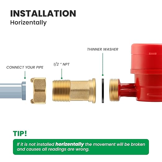 Watflow DN15 Water Meter 1/2" NPT, AWWA C712 Certification Gallon Water Flow Meter, Cold and Hot Water Meter for Garden/Home/Apartment, Horizontal Install.