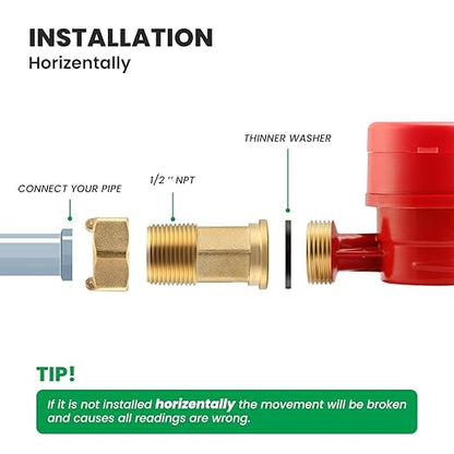 Watflow DN15 Water Meter 1/2" NPT, AWWA C712 Certification Gallon Water Flow Meter, Cold and Hot Water Meter for Garden/Home/Apartment, Horizontal Install.