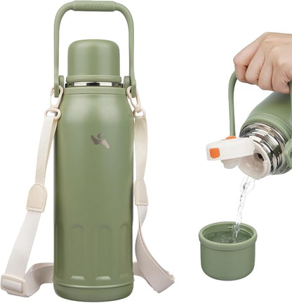 Konokyo Insulated Water Bottle with Handle and Strap,Vacuum Travel Tumbler with Cup Lid,Thermo Coffee Cup for Hot Cold Drinks 50 OZ,Army Green