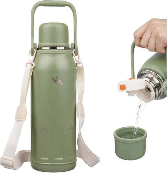 Konokyo Insulated Water Bottle with Handle and Strap,Vacuum Travel Tumbler with Cup Lid,Thermo Coffee Cup for Hot Cold Drinks 50 OZ,Army Green