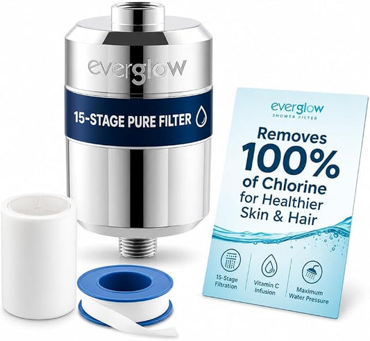 Everglow 15-Stage High Output Shower Filter Head for Hard Water | Water Softener System Helps Improve Hair, Skin, Nails, Vitamin C Infused for Eczema, Dandruff, 100% Chlorine Removal