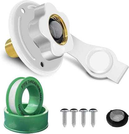 RV City Water Inlet with Check Valve, 3/4 NH Female to 1/2 NPT Male Flange RV Fresh Water Inlet, RV Water Inlet Replacement, RV Water Inlet with Dust Plug for RV Camper Motorhome, White