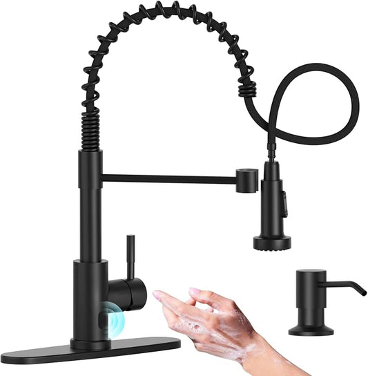 APPASO Black Touchless Kitchen Faucet with Soap Dispenser | Motion Sensor Activated Hands-Free Automatic Faucet for Sink with Pull Down Sprayer, Single Handle Faucets for Kitchen Sink