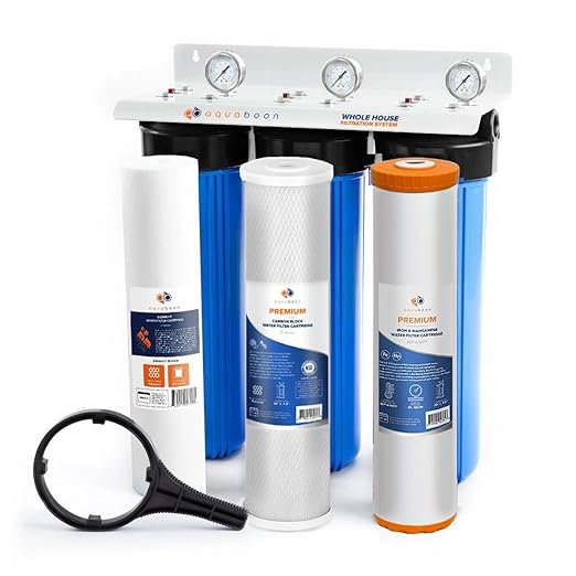 Aquaboon 3-Stage Whole House Water Filter System with 5 Micron 20x4.5 Reducing Sediment and Iron & Manganese Water Purification Filters, Pressure Gauges, Wrench, Iron Bracket