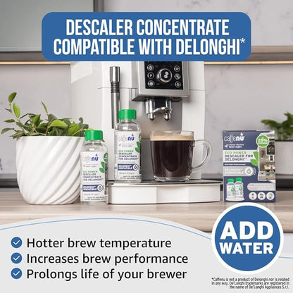 Delonghi Compatible Descaling Solution. 2 Bottles of Descaler Solution. Descaling Kit Removes Limescale For Hotter Coffee. 4 Uses Descaler For Delonghi Coffee Machines.