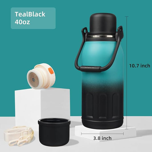 Konokyo Insulated Water Bottle with Handle and Strap,Vacuum Travel Tumbler with Cup Lid,Thermo Coffee Cup for Hot Cold Drinks 40 OZ,TealBlack
