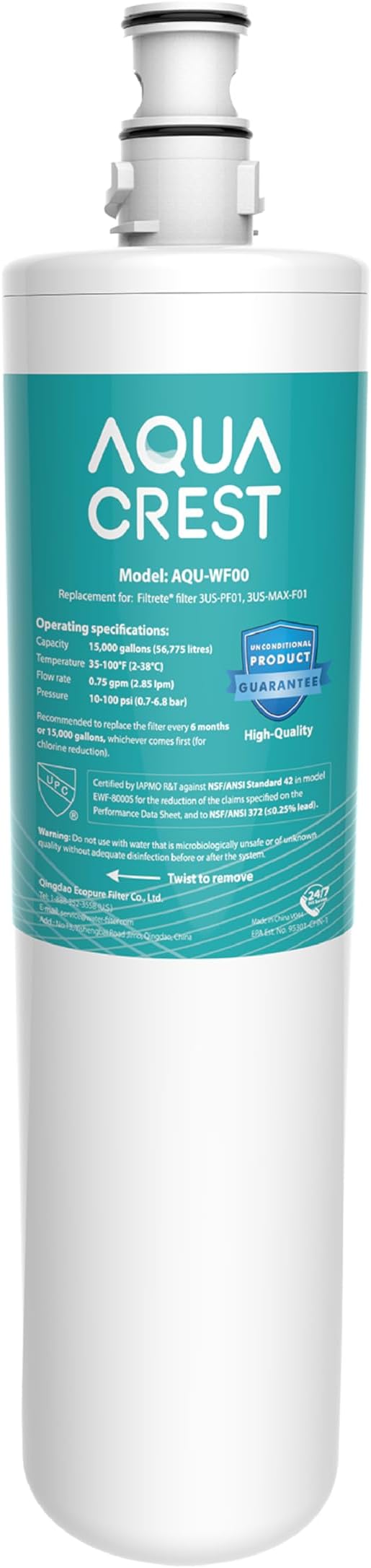 AQUA CREST 3US-PF01 Under Sink Water Filter, Replacement for Advanced Filtrete® 3US-PF01, 3US-MAX-F01H, 3US-PF01H, Delta RP78702, Manitowoc K-00337, K-00338, HF20 HF25 HF27, NSF/ANSI 42 Certified