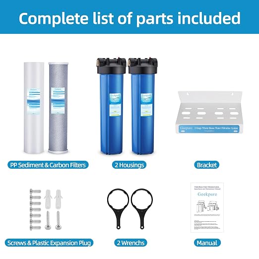 Geekpure 2 Stage Whole House Water Filter System-1" NPT Brass Port | with 20-Inch Big Size Blue Housing, 4.5"x20" PP and Carbon Filters