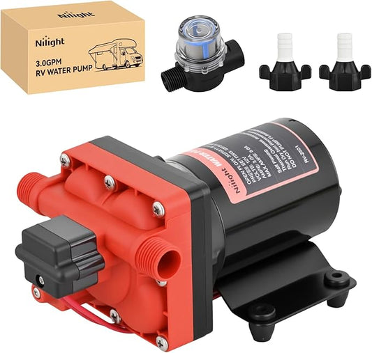 Nilight RV Water Pump, 12v Water Pump 3.0 GPM 55 PSI with Pressure Switch and Strainer Heavy Duty Diaphragm Pump 12 Volt DC Upgrade Self-Priming Low Noice for RV Camper Marine Yacht Caravan Trailer