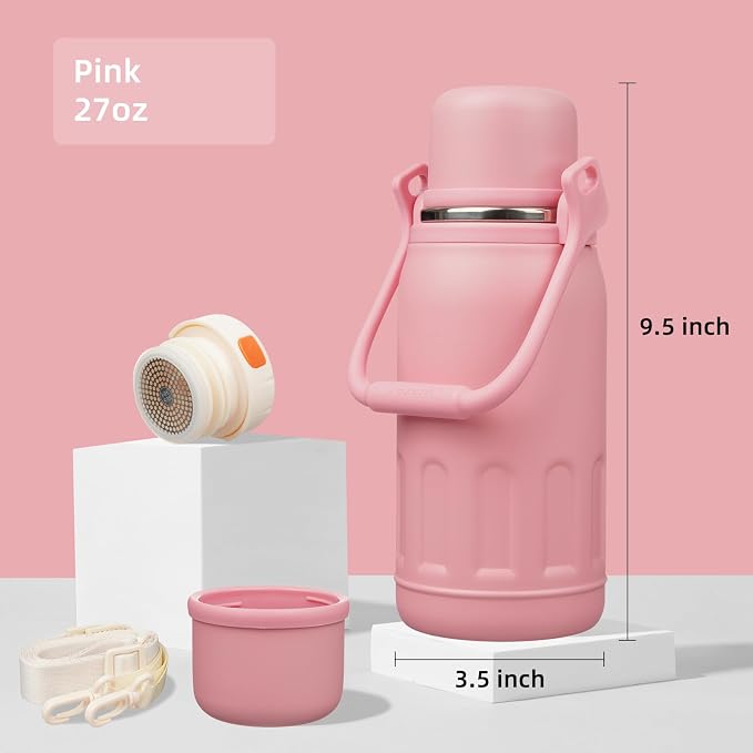 Konokyo Insulated Water Bottle with Handle and Strap,Vacuum Travel Tumbler with Cup Lid,Thermo Coffee Cup for Hot Cold Drinks 27 OZ,Pink