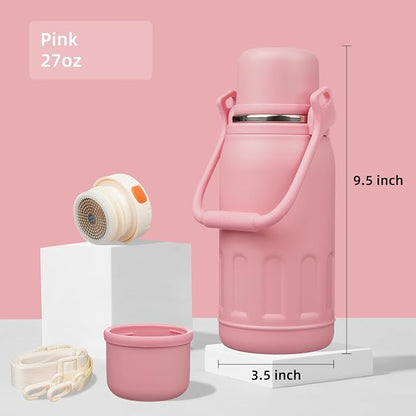 Konokyo Insulated Water Bottle with Handle and Strap,Vacuum Travel Tumbler with Cup Lid,Thermo Coffee Cup for Hot Cold Drinks 27 OZ,Pink