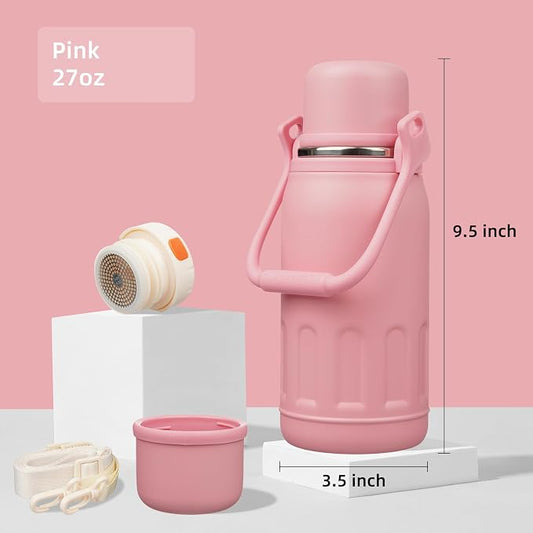 Konokyo Insulated Water Bottle with Handle and Strap,Vacuum Travel Tumbler with Cup Lid,Thermo Coffee Cup for Hot Cold Drinks 27 OZ,Pink