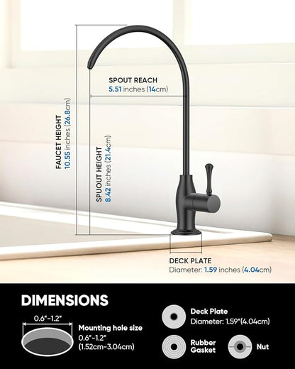 WEWE Vintage Drinking Water Faucet, Lead-Free Stainless Steel Kitchen Water Filter Faucet for Reverse Osmosis System, Non-Air Gap RO Beverage Faucet, Matte Black