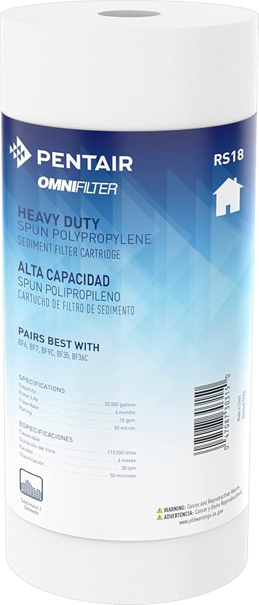 Pentair OMNIFilter RS18 Sediment Water Filter, 10-Inch, Whole House Heavy Duty Big Blue Spun Polypropylene Replacement Cartridge, 10" x 4.5", 50 Micron, White