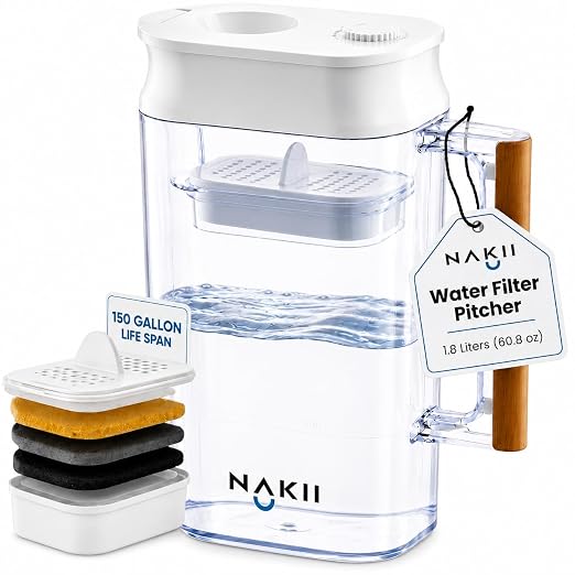 Nakii Water Filter Pitcher 1.8L - Long Lasting 150 Gallons Filtered Water Pitchers With Fast Filtration & Purification Technology - Removes Chlorine, Metals For Clean Tasting Water - WQA Certified
