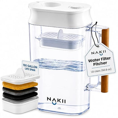 Nakii Water Filter Pitcher 1.8L - Long Lasting 150 Gallons Filtered Water Pitchers With Fast Filtration & Purification Technology - Removes Chlorine, Metals For Clean Tasting Water - WQA Certified